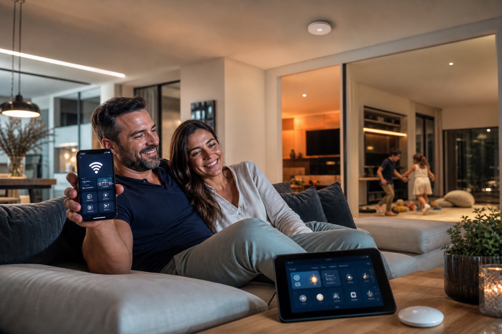 Happy family in a villa with full WiFi coverage